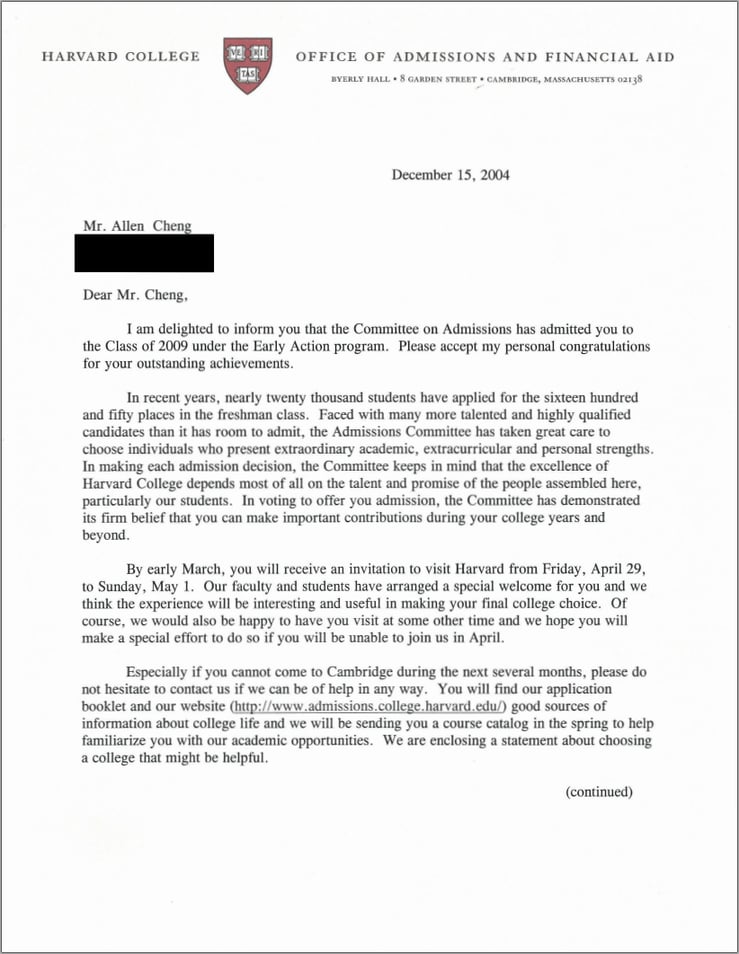 Harvard Acceptance Letter